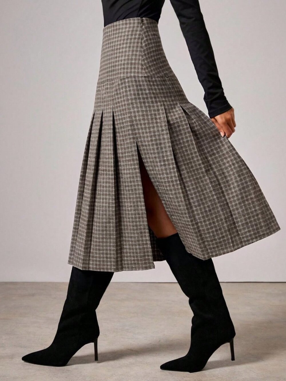 Brown Elegant Women's Plaid Pleated Midi Skirt